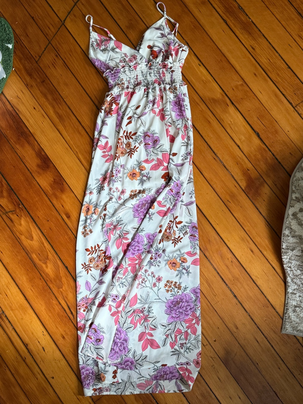 Crystal Doll white dress with Pink, Purple & Orange Floral Print